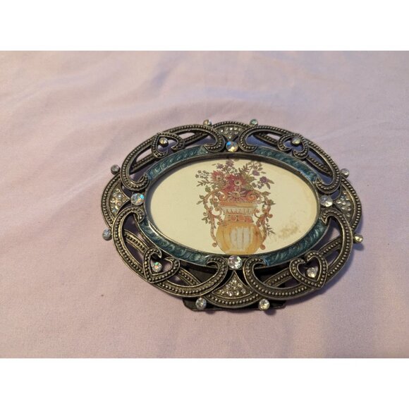 Vintage Ornate Oval Picture Frame Floral Print Rhinestone Accents & Easel Back - Picture 3 of 3